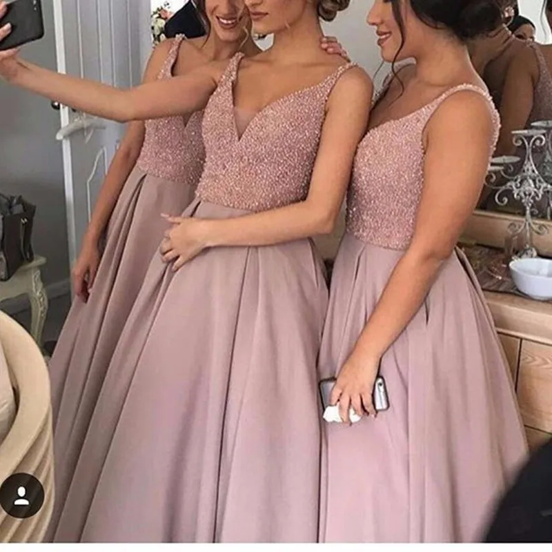

2021 Luxury Beaded Dusty Pink Bridesmaid Dresses To Wedding Party Shiny Crystal High Low Prom Gowns Honor Of Maid DressSexy Long