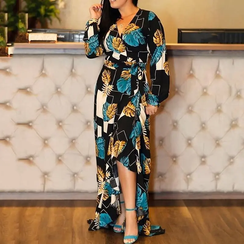 Женское Асимметричное Платье макси с v образным вырезом и высокой талией черное