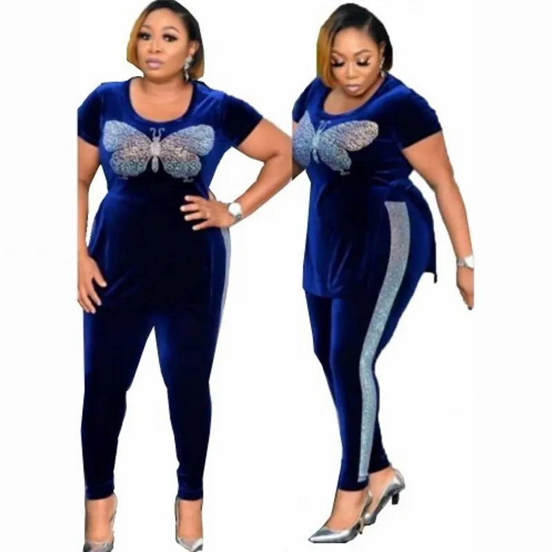 

L-3XL Plus Size 2 Piece Sets Dashiki African Sets For Women Butterfly Sequins Sweatshirt Top And Pants Tracksuit Fitness Outfit