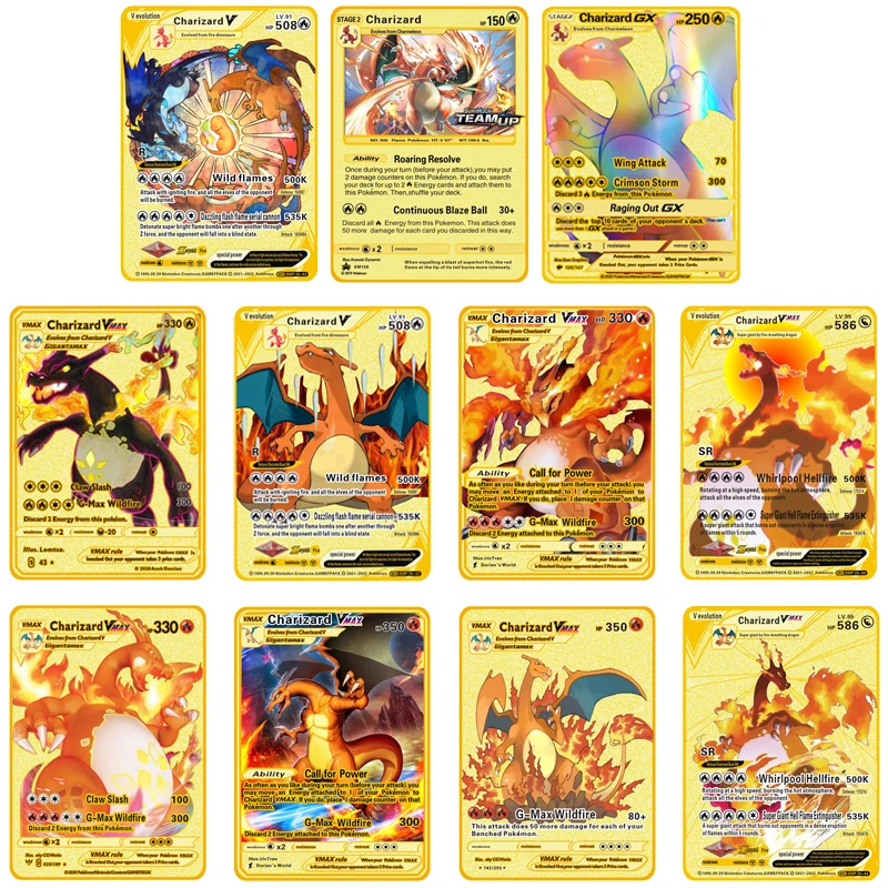 

Pokemon VMAX Cards 11 species Charizard Max Custom Metals V Vmax Cardrainbow Gold Pokemon Card-Hp 508 330 350 Children's toys