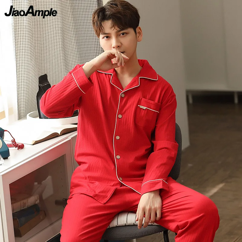 100% Cotton Pajamas Men's Spring Autumn New Cardigan Long-sleeved Trousers Pijamas Two-piece Set Nightie Home Clothes Suit