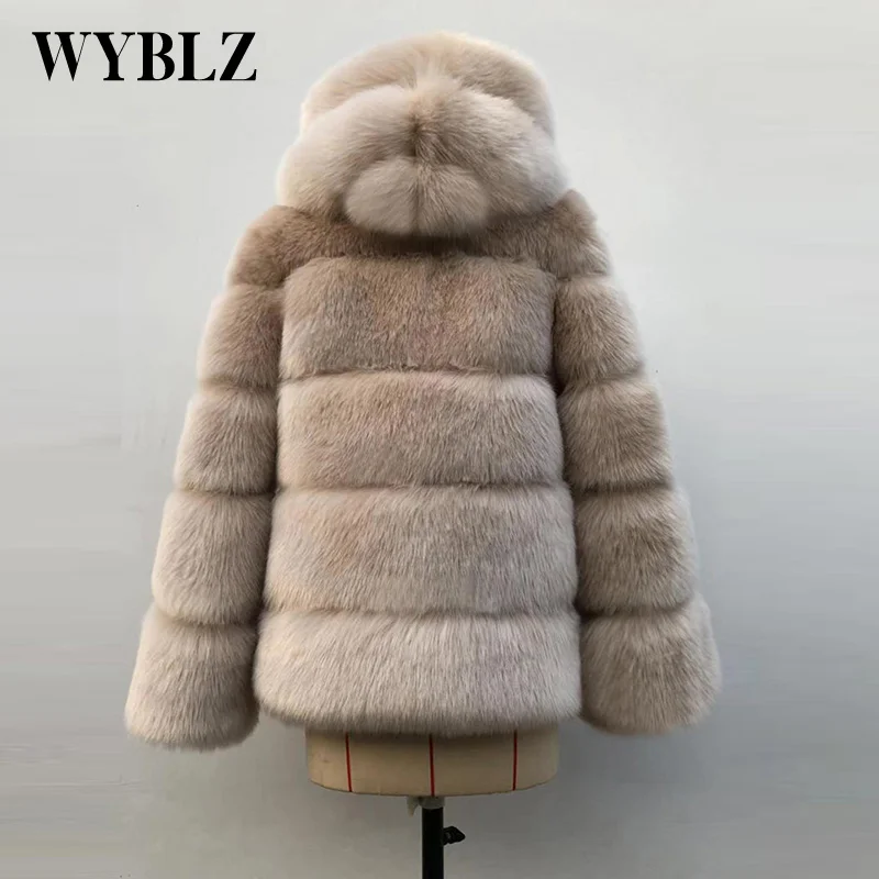 WYBLZ New Winter Thick Warm Faux Fur Jacket Women Fashion Plus Size Hooded Faux Fur Coat Long Sleeve Luxury Fur Midi Outwear
