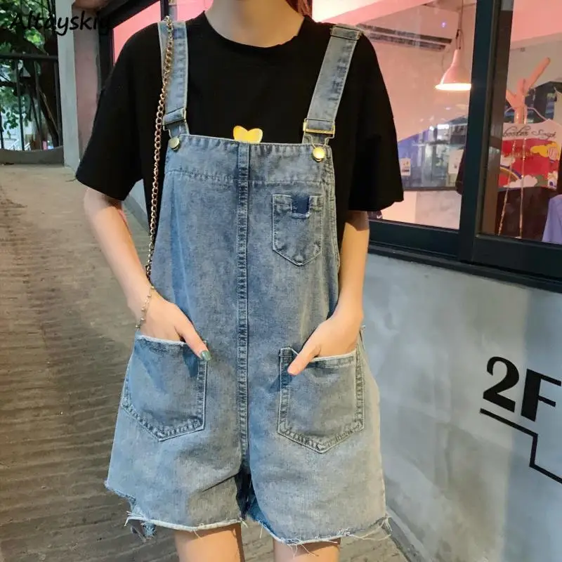 

Women Ripped Denim Rompers Holes Solid Vintage Fur-lined Wide Leg Students All-match Trendy Leisure Streetwear Lovely Ulzzang