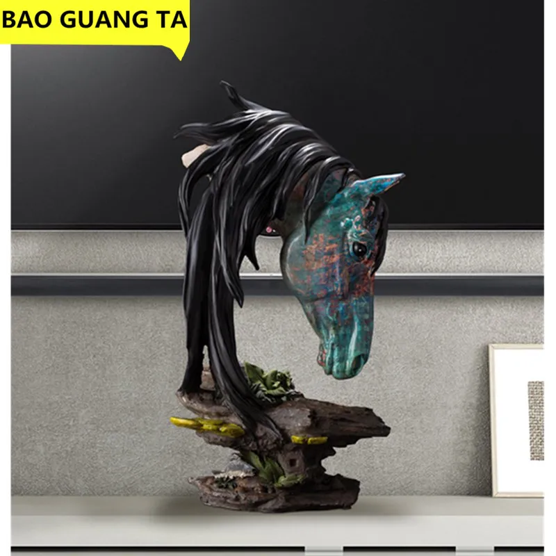 

BAO GUANG TA 40CM Faux Wood Horse Head Statue Painting Art Animal Decorative Figurine Resin Art&Craft Home Decoration R194