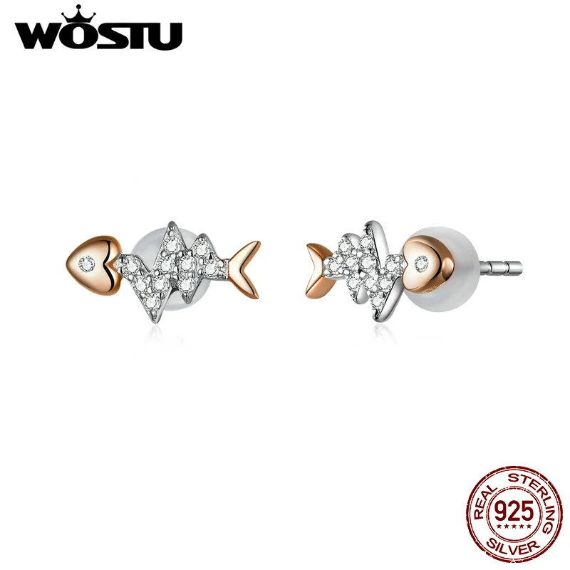 WOSTU 100% настоящее 925 пробы серебряные серьги-гвоздики в форме рыбьей кости для