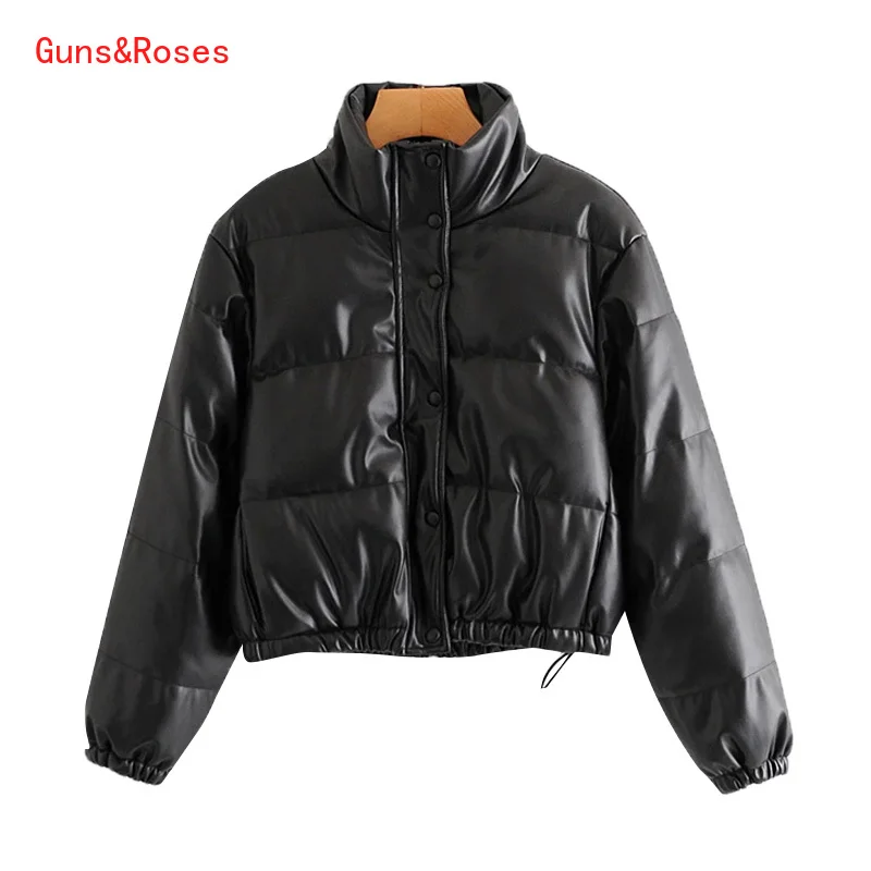 

Women Fashion Faux Leather Parkas Thick Warm Jacket Padded Coat Vintage Long Sleeve Pockets Female Outerwear Chic Tops
