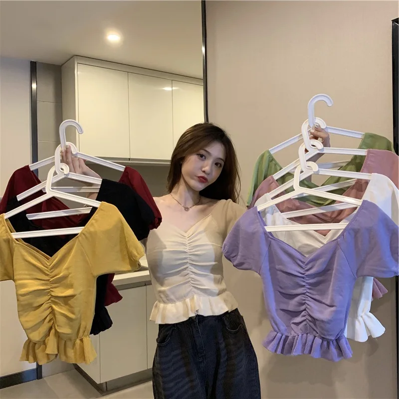 

Women's Fashion Casual Clothing Sexy Slim Fit T-shirt Ruffle Summer Retro V-neck Top for Women White Leader Top Girl