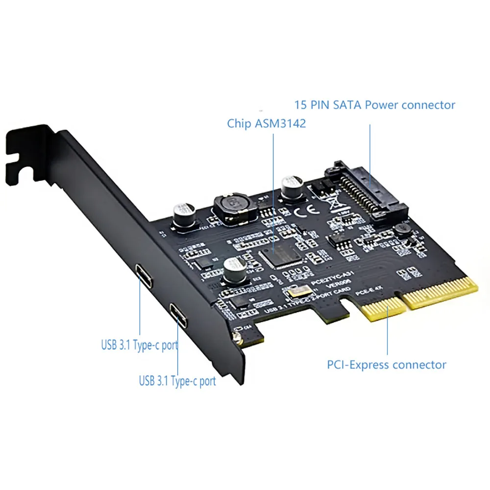

PCI-E PCI Express 4X To USB 3.1 Gen 2 (10 Gbps) 2-Port Type C Expansion Card ASM3142 Chip 15-Pin Connector For Windows/Linux