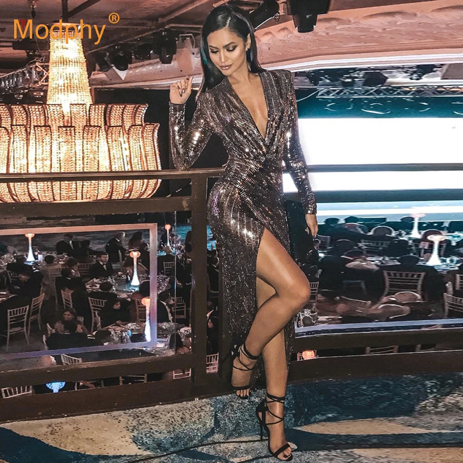 Женское вечернее длинное платье с блестками длинным рукавом знаменитости осень