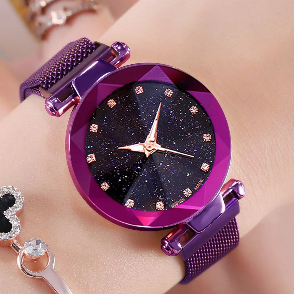 

Часы женские кварцевые с магнитной кнопкой, модные ослепительные цветные наручные, со звездным небом, с холодным ветром