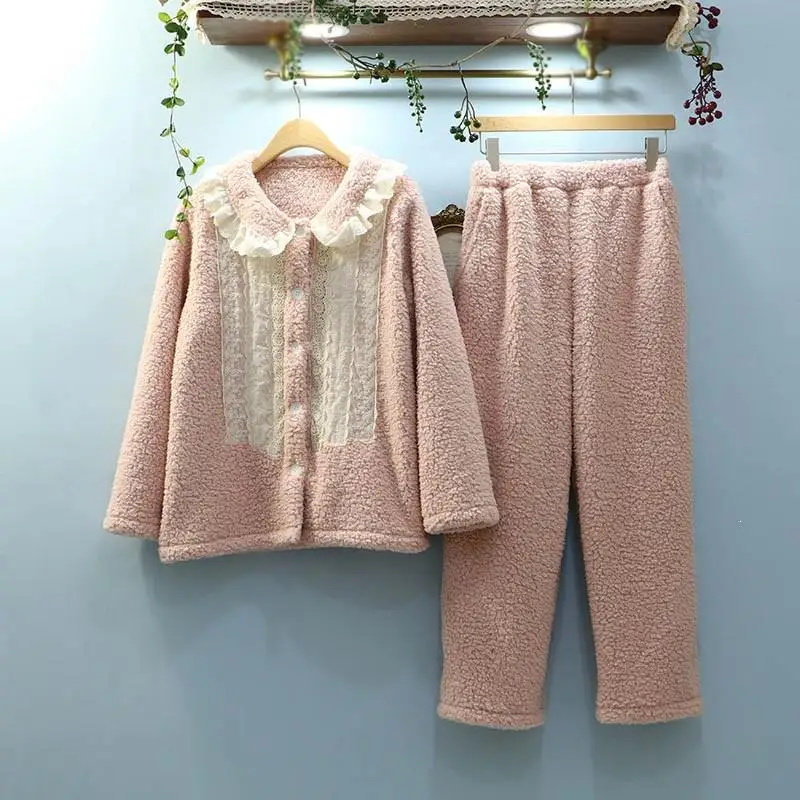 Новый модный теплый фланелевый пижамный комплект с отложным воротником женский