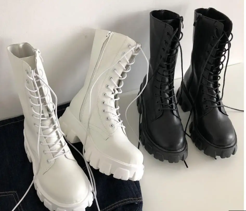 

2022 New Mid Calf Boots Women Autumn Winter Fashion Lace-up Zipper Botas Mujer Boots Sports Platform Heel Ladies Shoes