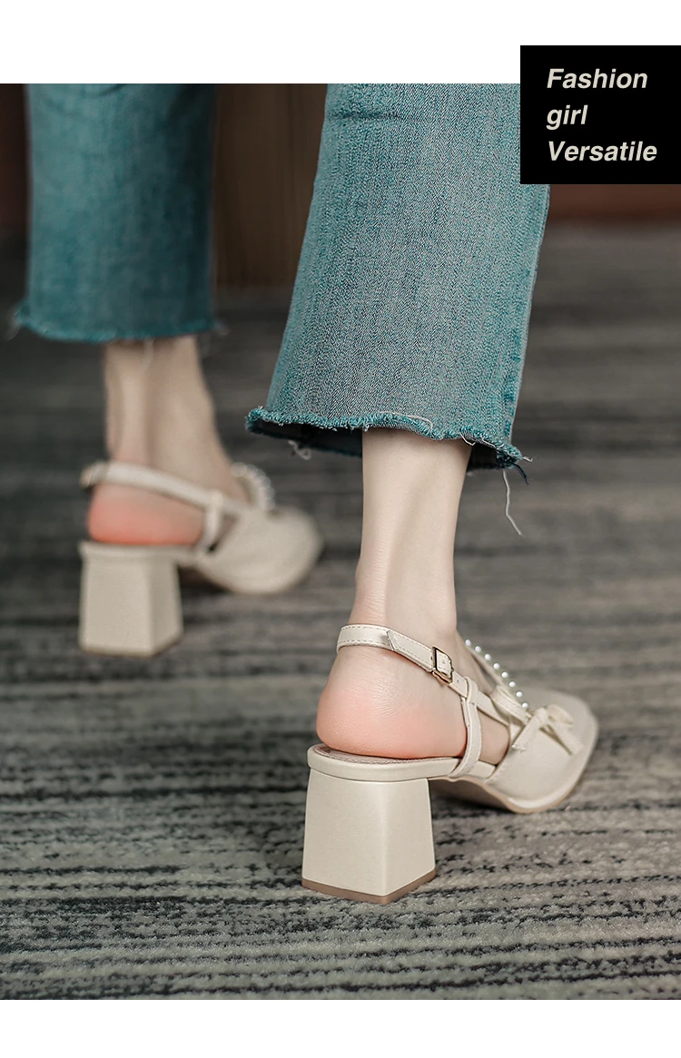 

2021 New Summer Korean Sweet Style Comfortable Baotou Sandals Bowknot Pearl High Heel Sandals Women