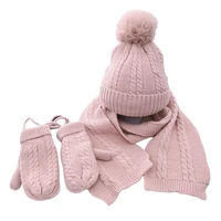 3 pieces toddler kids baby winter warm beanie hat long scarf gloves set braided cable knit solid color plush lined pompom cuffe