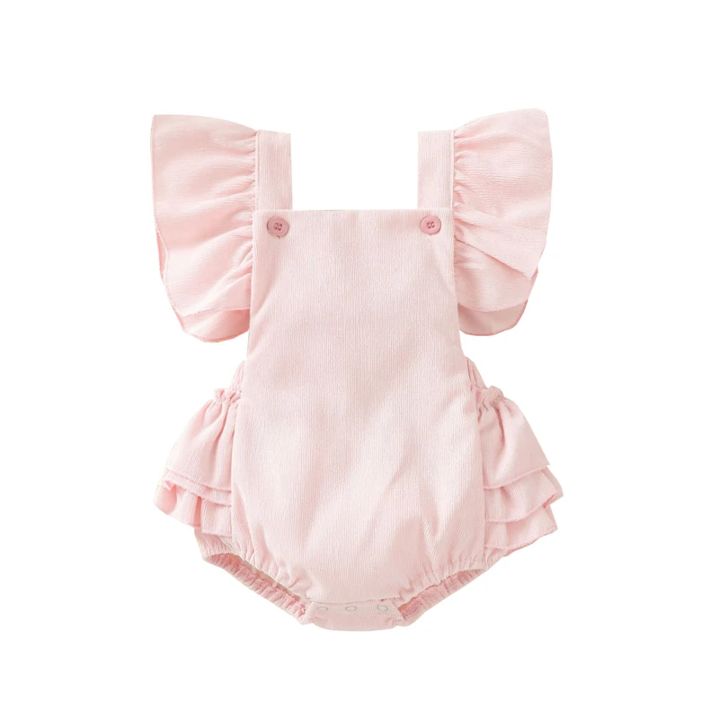 

2021 Newborn Baby Girls Summer Bodysuits Cute Fly Sleeve Backless Solid Color Button Bodysuit Princess Infant Girls Clothing