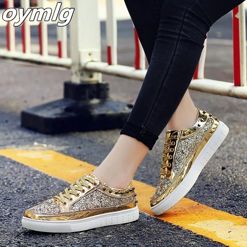 

2020 New Casual Women Shoes Spring Autumn PU Bling Fashion Sliver Sneakers Women Lace-up Ladies Flats Shoes Big Size36-44
