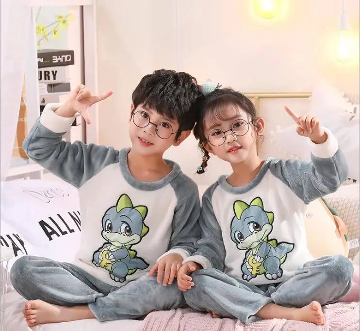 

Kids Pyjamas Tops Pant Cartoon Flannel Sleepwear Girls Boy Pajama Sets Autumn Winter Warm Children's Clothing Boys Pijama Set