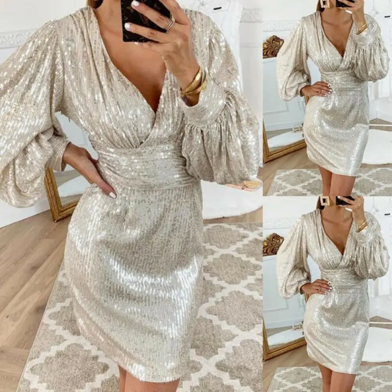 Женское повседневное платье с глубоким вырезом и длинным рукавом офисная одежда