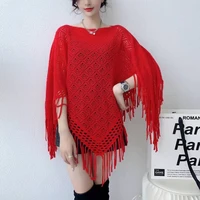 spring autumn new pullover cape women hollow flower knitting poncho capes batwing sleeves shawls sunscreen solid cloak red
