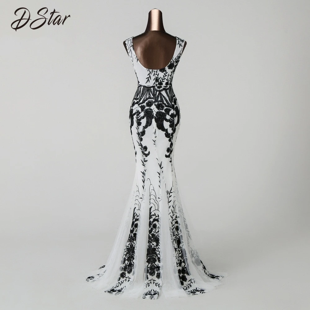 Элегантное Черное/Белое платье русалки с блестками и черным цветком Вечернее