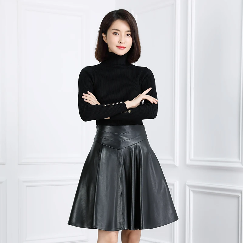 2022 Leather Pleated Skirt, Sheepskin Skirt, Over-The-Knee Leather Skirt, New Autumn And Winter All-Match Sheepskin Skirt K3