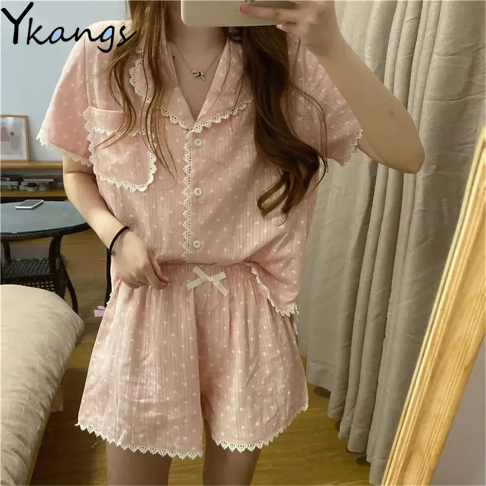 

Pajama Sets Women Summer Lace Kawaii Pockets Korean Cute Preppy Sweet Polka-Dot Homewear Breathable Daily Simple Nightwear Chic