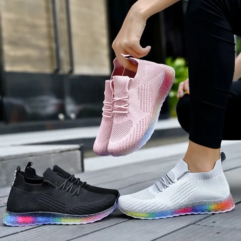 

2021 Lace Up Mesh Running Shoes Women Sneakers Fashion Breathble Vulcanized Shoes Women Multi Color Shoes Women White