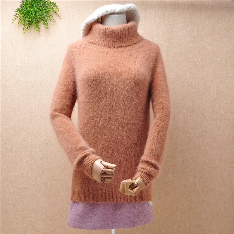 

ladies women fahsion hairy angora rabbit fur knitted long sleeves turtleneck slim pullover mink cashmere winter jumper sweater