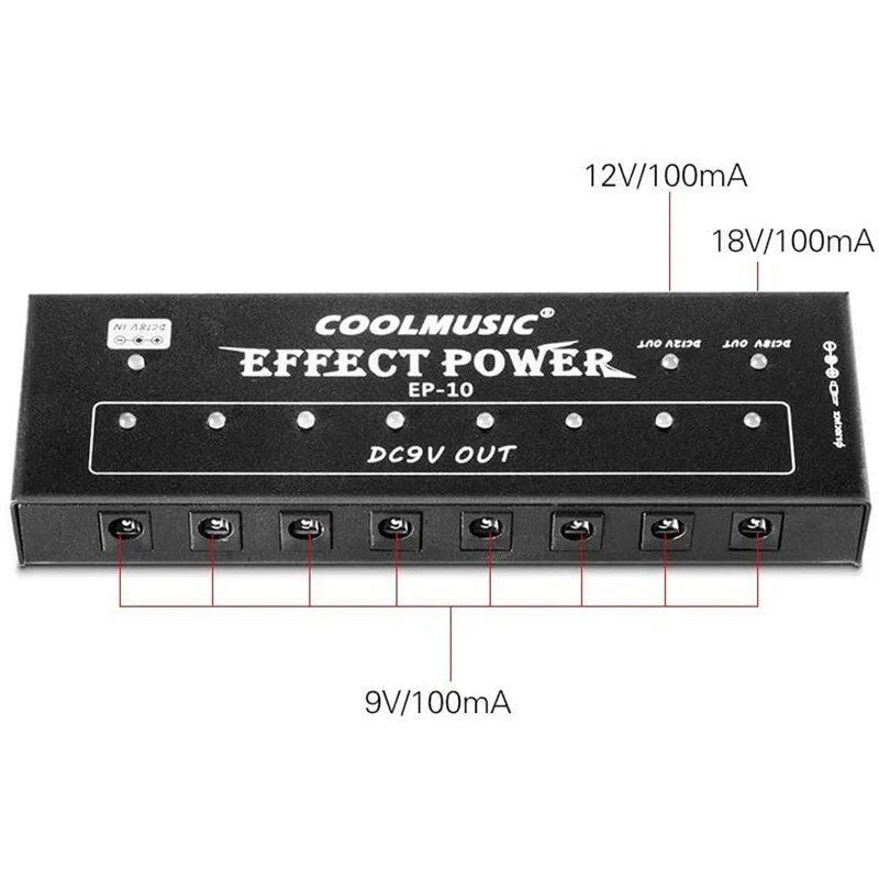 

Coolmusic EP-10 Guitar Effect Power Supply 10 Channels for 9V DC 12V/18V Guitar Pedal Power Supply-US Plug