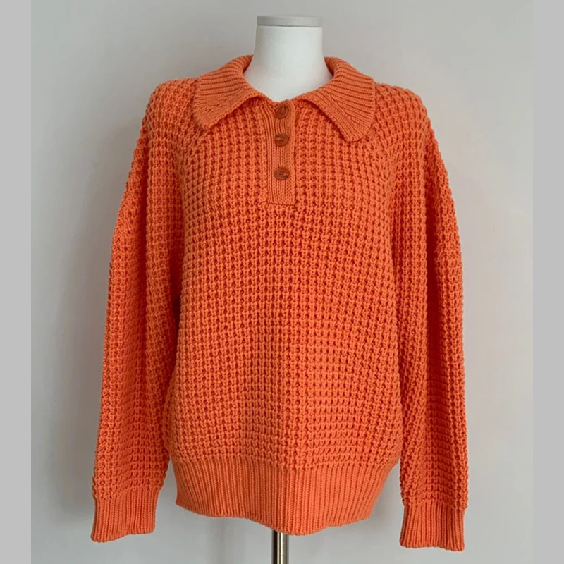 Flectit Bright Solid Color Long Sleeve Half-Button Lapel Collar Jumper Women Sweater Casual Chic Loose Pullovers Knit Tops * | Женская