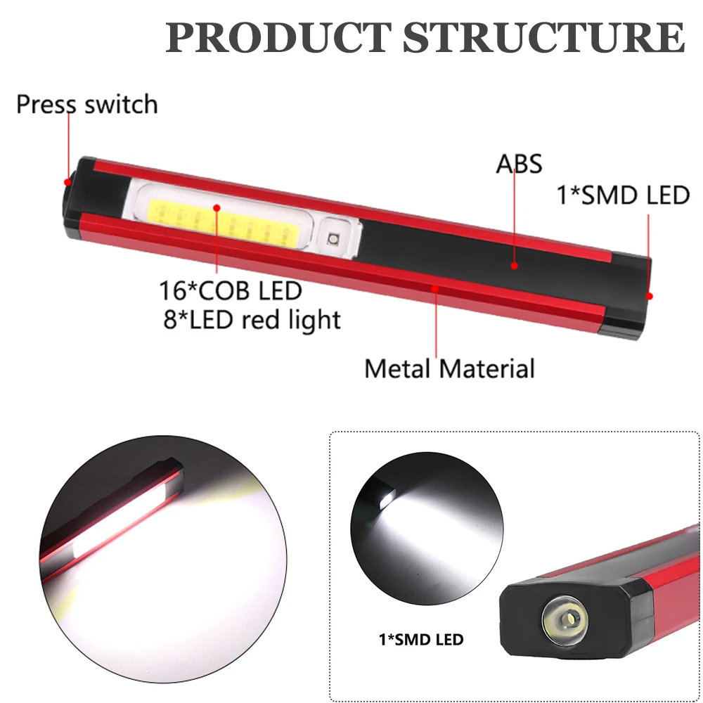 저렴한 강력한 COB LED 손전등, 마그네틱 작업등, USB 충전식, 토치, 검사 조명, 레드/화이트 조명, 4 가지 모드