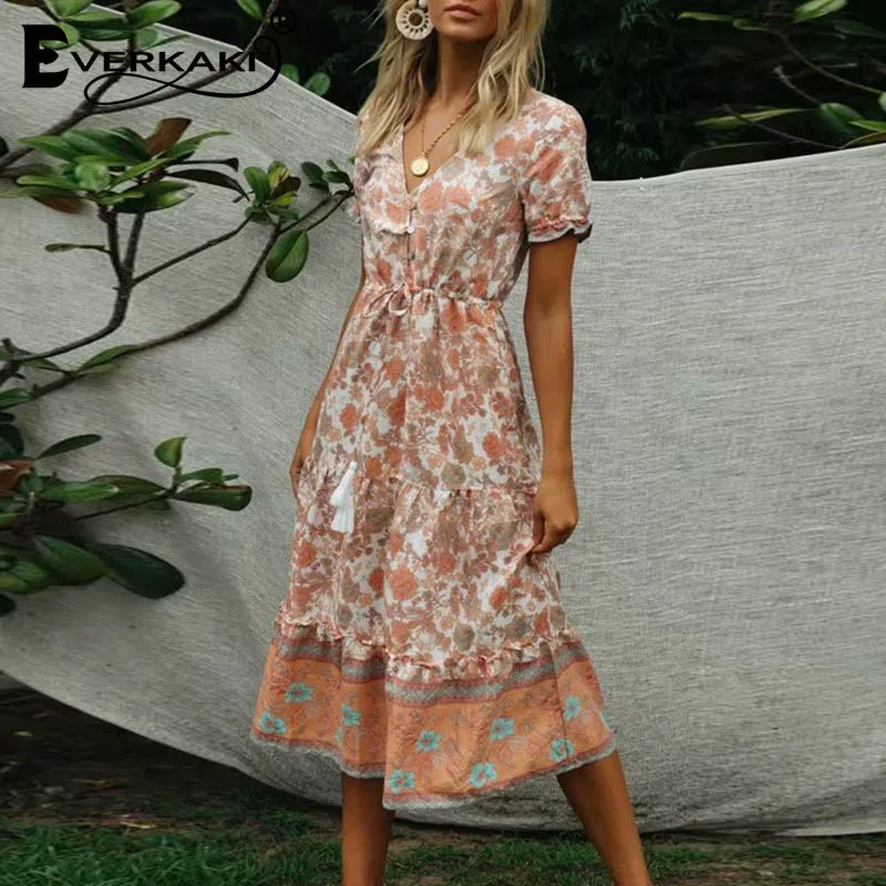 Женское винтажное длинное платье Everkaki богемное Платье макси с бахромой и поясом