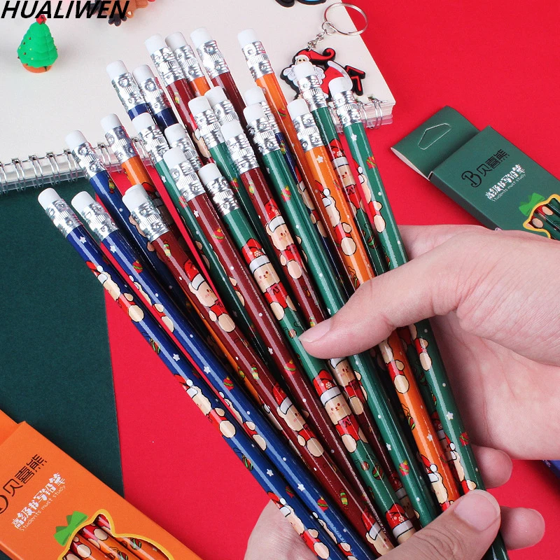 

6pc/lot Christmas Boxed Pencils Student Writing Drawing Sketch Pen Set Wooden HB with Rubber Pencil Stationery School Stationery