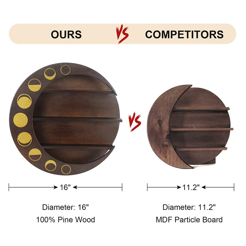 

Wooden Floating Moon Shelf Wood Crystal Shelf Hanging Storage Hanging Home Wall Decor for Living Room Bedroom