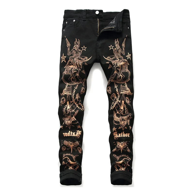 

Black 3D Printed Jeans Pants Streetwear Men Skull Painted Stretch Denim Trousers Slim Fit