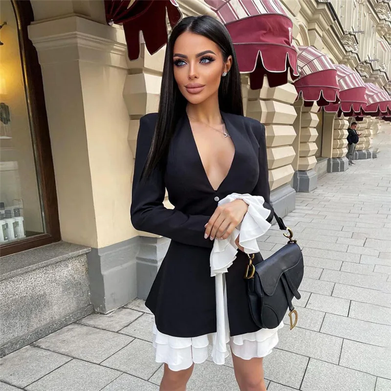

2021 Autumn And Winter New Women's Dresses Fashion Flared Sleeves Sexy V-neck Fake Two-piece Slim Dress Women Trendy Vestido