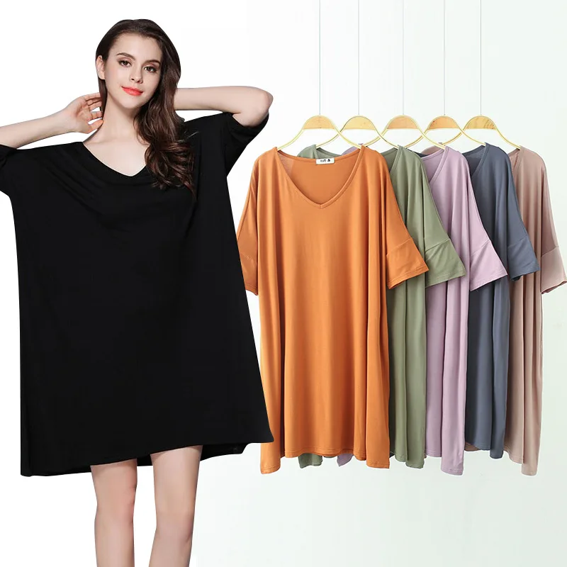 2020 Women New Mid-Length T-shirt Dress Half-Sleeve Shirt Plus Size Nightdress Modal Nightgown  Lingerie  Sleepwear