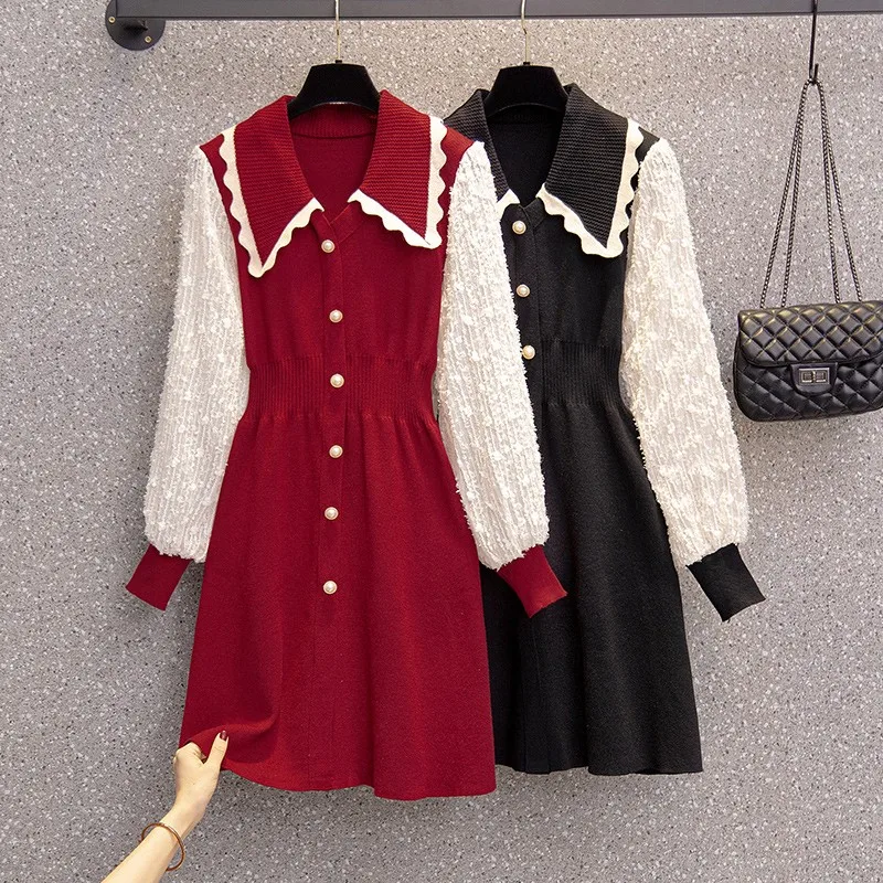 

Women's spring new fashion turn up doll collar stitching lace sleeves waist slimming ladies slimming line knitted dress women