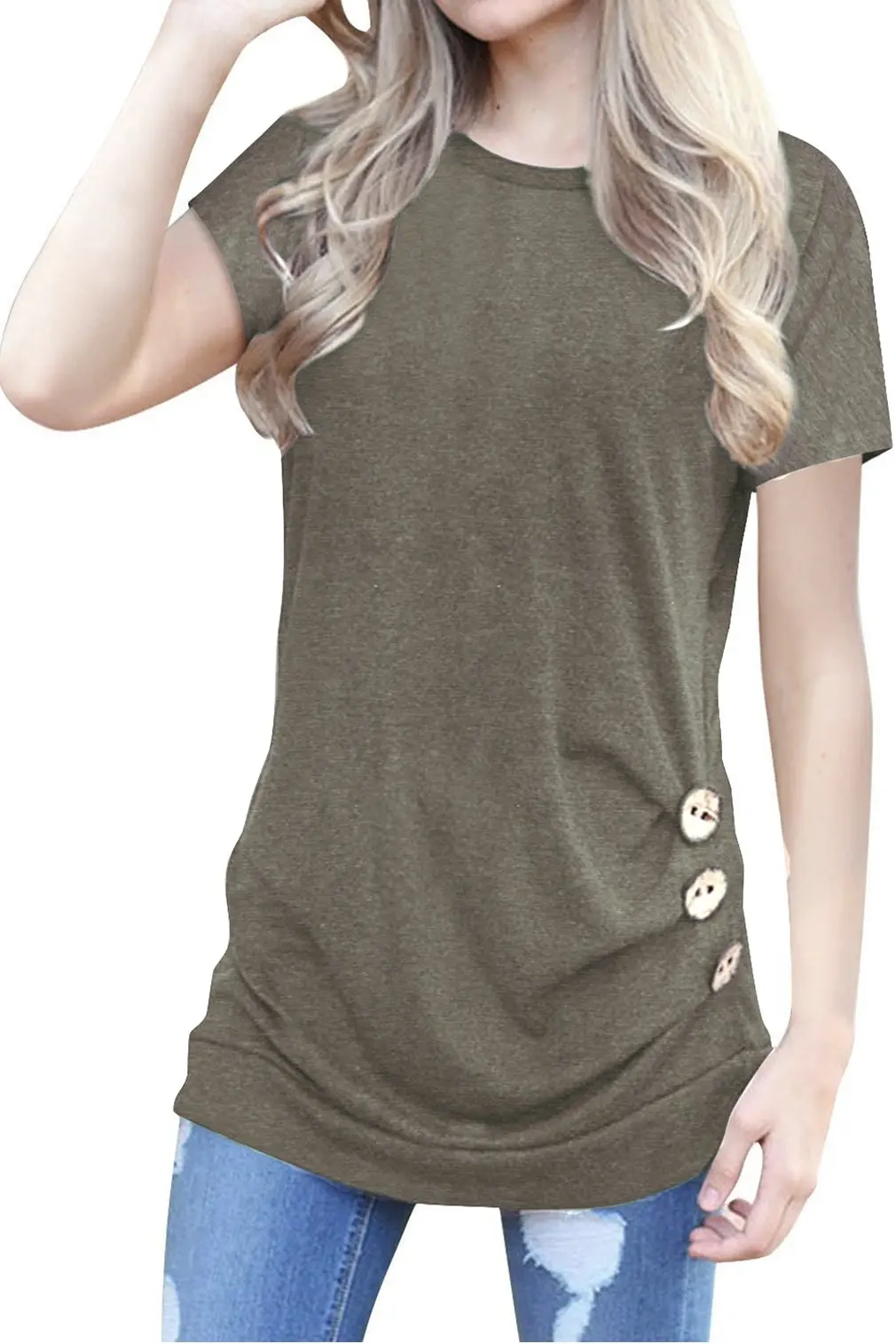 

short Elastic Spring & Autumn Women Tops with Wavy Buckle Decor Fashion Solid O-neck Blouse All Match Clothing fashion shirt