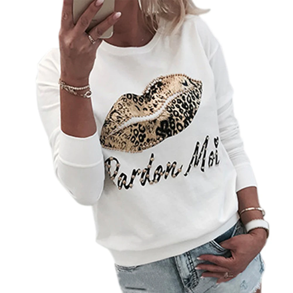 

Women Pullover Sweatshirt Leopard Lips Print Sweatshirt sudadera mujer Casual Ladies Beaded Pullovers bluza damska streetwear
