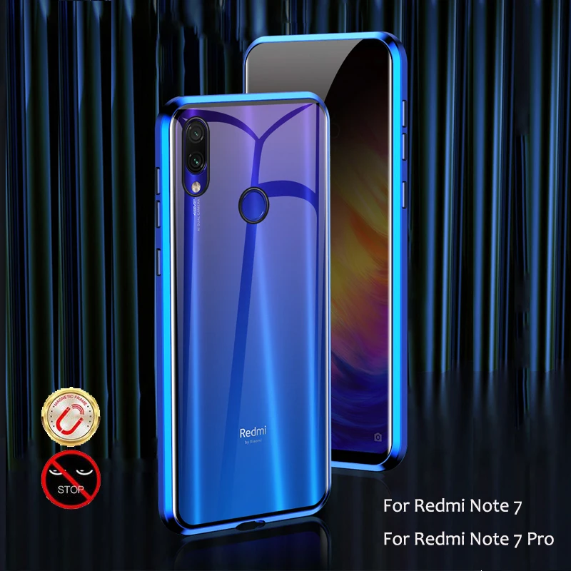 Конфиденциальный Магнитный чехол для телефона для Redmi Note 7 Pro металлический бампер двусторонний закаленное стекло полное покрытие для Xiaomi Мобильный протектор