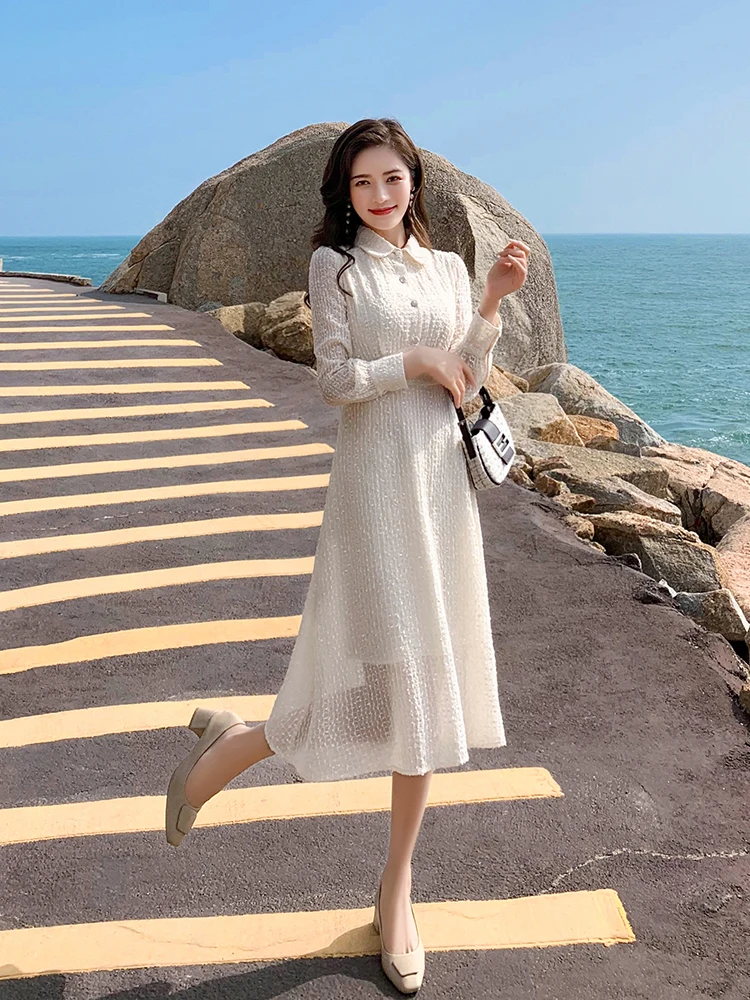 

Dress 2020 New Style WOMEN'S Spring French Long Fairy Elegant Polo Waist Hugging Slimming Popular