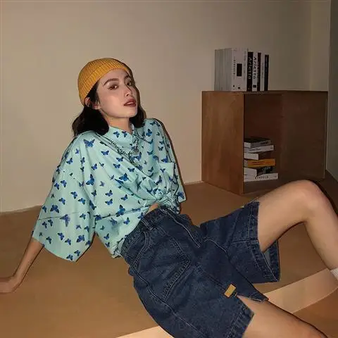 

Denim shorts women 2021 summer new loose high waist versatile show thin split wide leg pant fashion