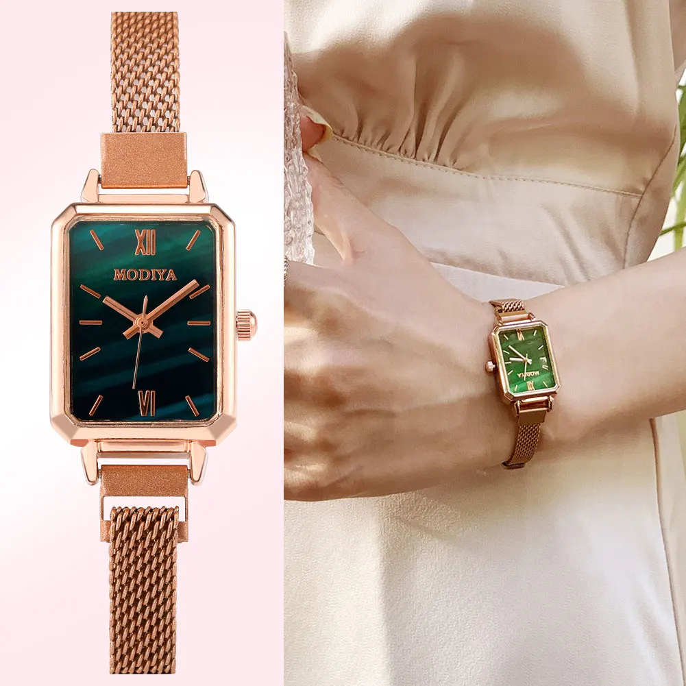 

Часы женские кварцевые с квадратным циферблатом, модные простые Роскошные с сетчатым ремешком из розового золота