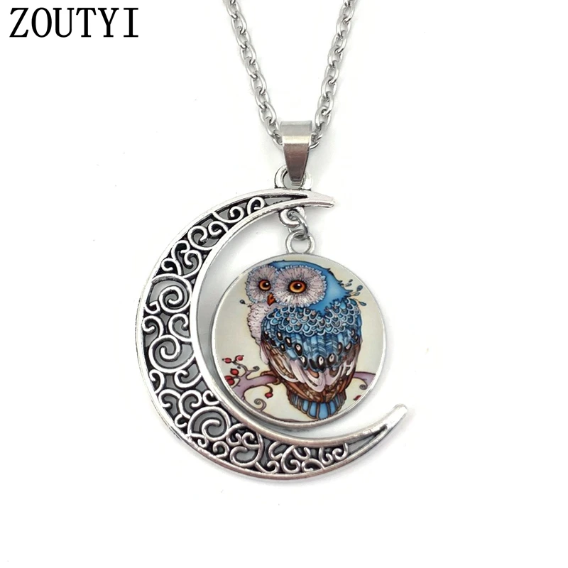 2019/Charming cute owl art moon convex crystal pendant necklace men's and women's necklaces gifts. | Украшения и