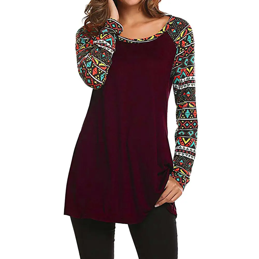 

Women Retro Baggy Shirt Full Sleeve Printed Patchwork Blouse Tops Nice T Shirt