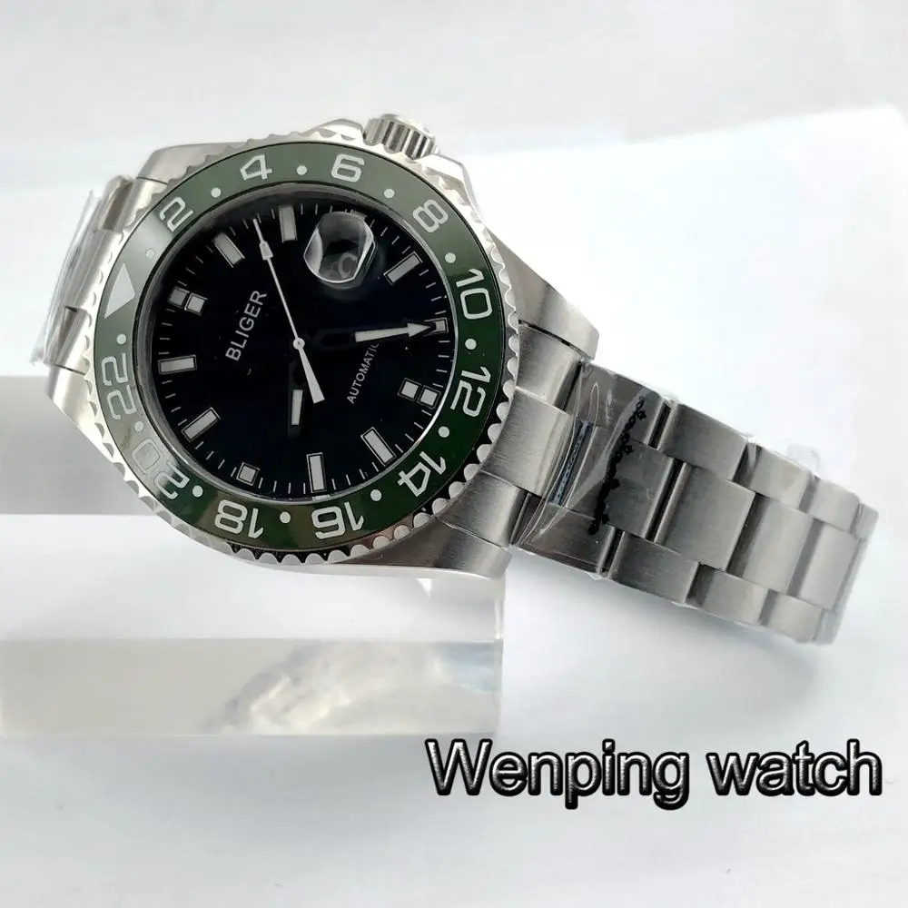 Bliger men's luxury mechanical watch 43mm Sapphire glass black dial luminous ceramic bezel date automatic waterproof gift | Наручные