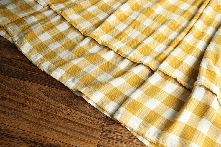 

New summer women's plaid cotton and linen dress loose retro literature and art thin short-sleeved mid-length comfortable