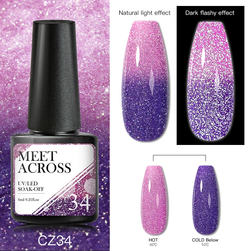 

MEET ACROSS Reflective Glitter Thermal Gel Change Color Nail Polish Galaxy Nail Art Varnish Semi Permanent Glitter Liquid