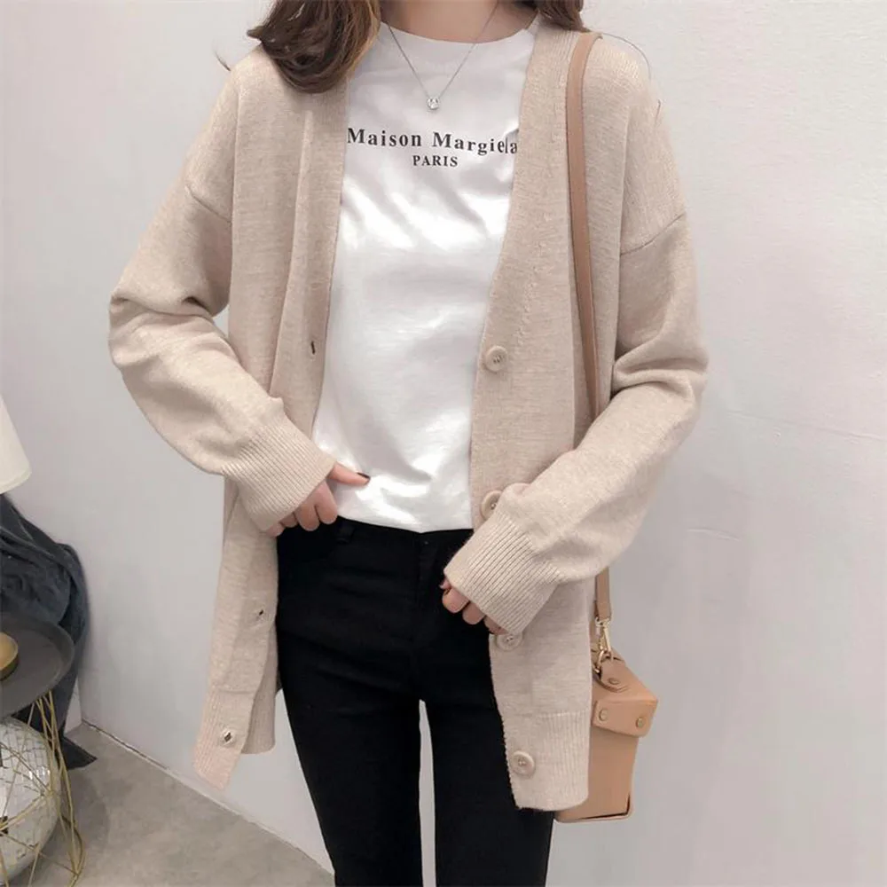 

Korean Style Women Cardigan Sweater 2021 New Slim V-neck Single-breasted Solid Jacket Autumn Tops Ladies Fashion Female Casual